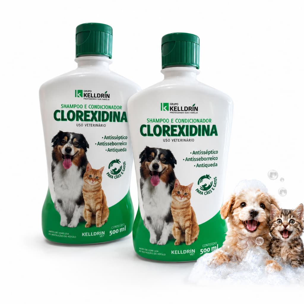 Kit 2 Shampoos Clorexidina para Cães e Gatos Antialérgico Dermatite Tratamento Dermatológico 500ml
