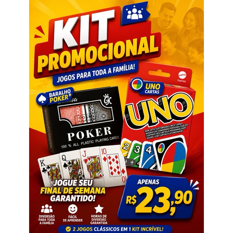 Uno + Baralho Kit Diversão em Família Jogo de Cartas Resistente Reutilizável