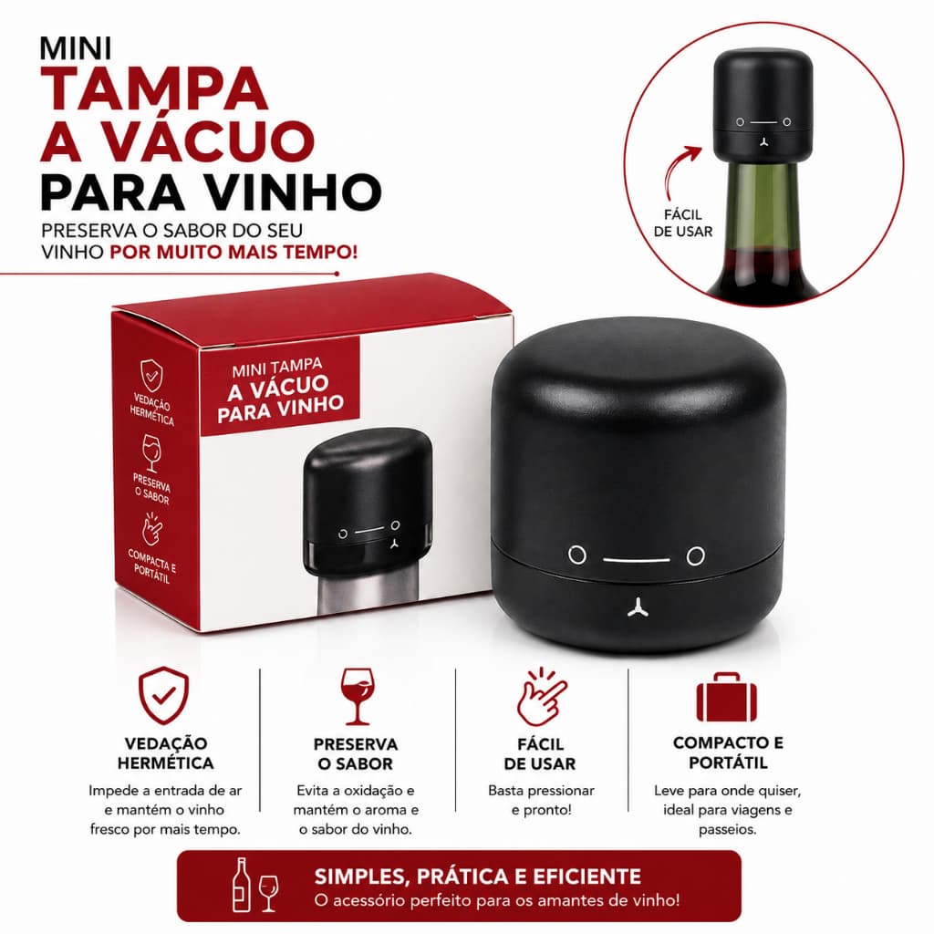 Rolha a Vácuo para Vinho e Espumante Reutilizável Vedação Hermética Conserva Bebidas Pressão Premium