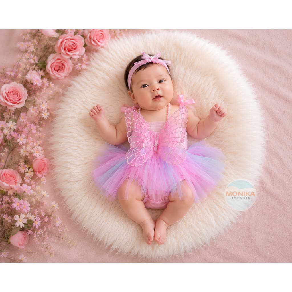 Vestido Newborn Borboleta Tule Renda com Faixa Bebê Menina Ensaio Fotográfico 01 a 03 meses Princesa