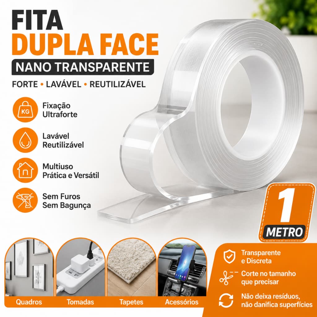 Fita Dupla Face Nano Transparente 1 Metro Forte Lavável Reutilizável Multiuso Promoção Envio 24 horas