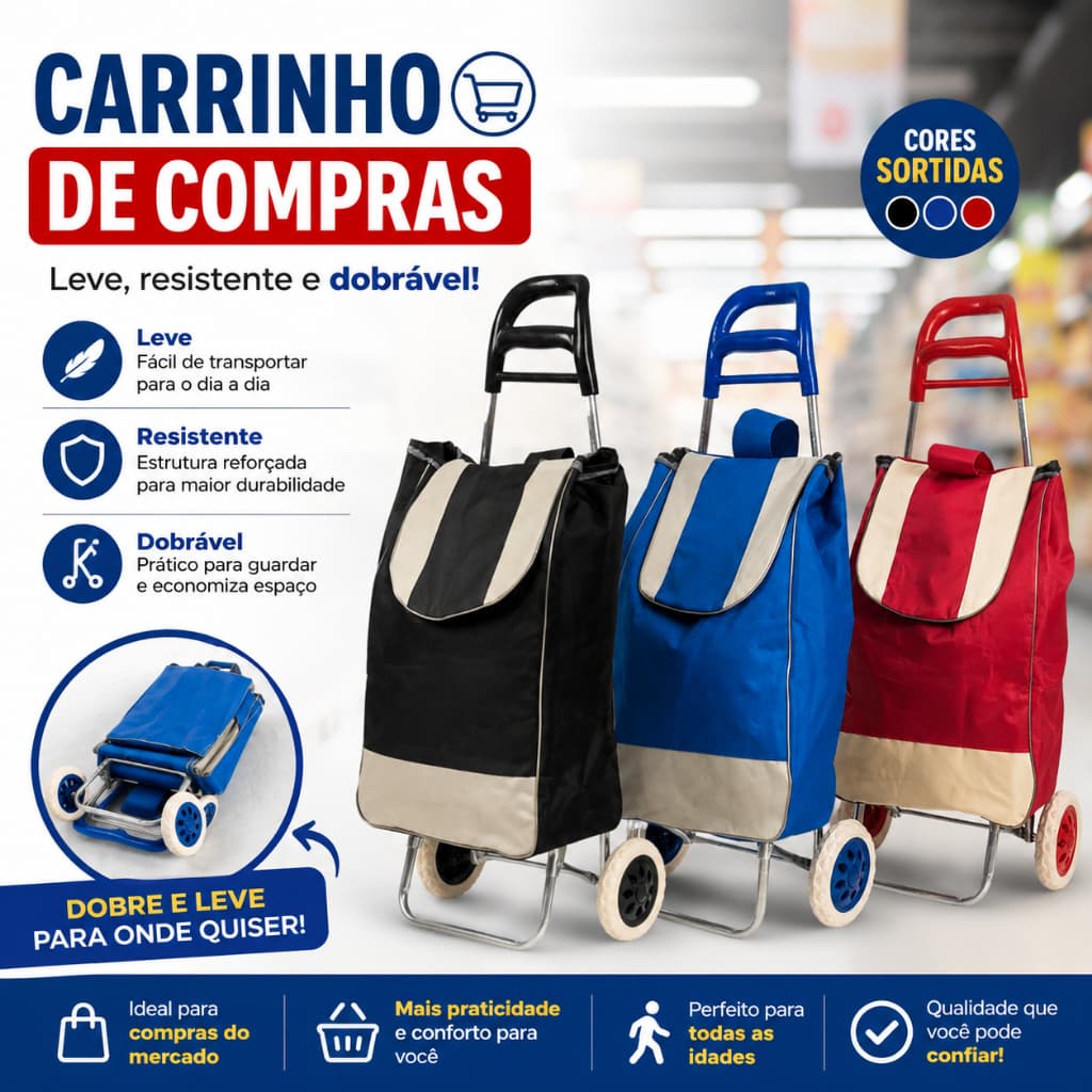 Carrinho Dobrável Feira Compras Bolsa Grande Prático Resistente Portátil Sortido