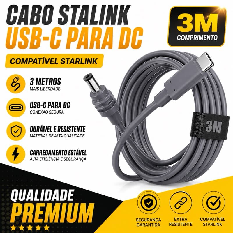 Cabo USB-C para DC Compatível com Starlink Mini 3 Metros | Carregamento Estável | Alta Resistência
