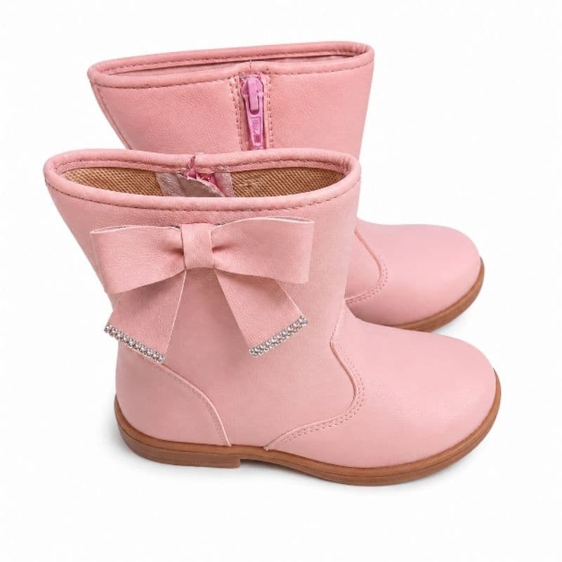 Bota Infantil Feminina Menina Rosa com Laço e Strass Zíper Lateral Solado Antiderrapante Confortável