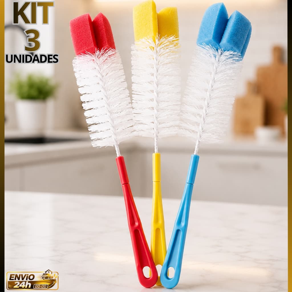 KIT 3 Escovas  para Lavar Mamadeira Garrafa e copo com Esponja 28 cm Ideal para Higienização e Limpeza cores sortidas