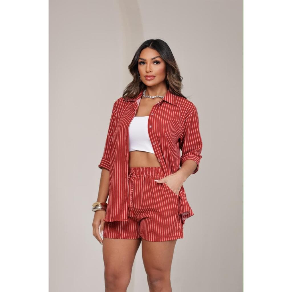 Conjunto Femenino Chemise LISTRADO,LISO com Manga 3/4 e short com bolso.