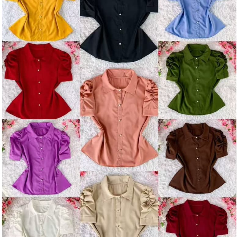 Blusa Camisa Feminina Pérola Clássica com Mangas Franzidas