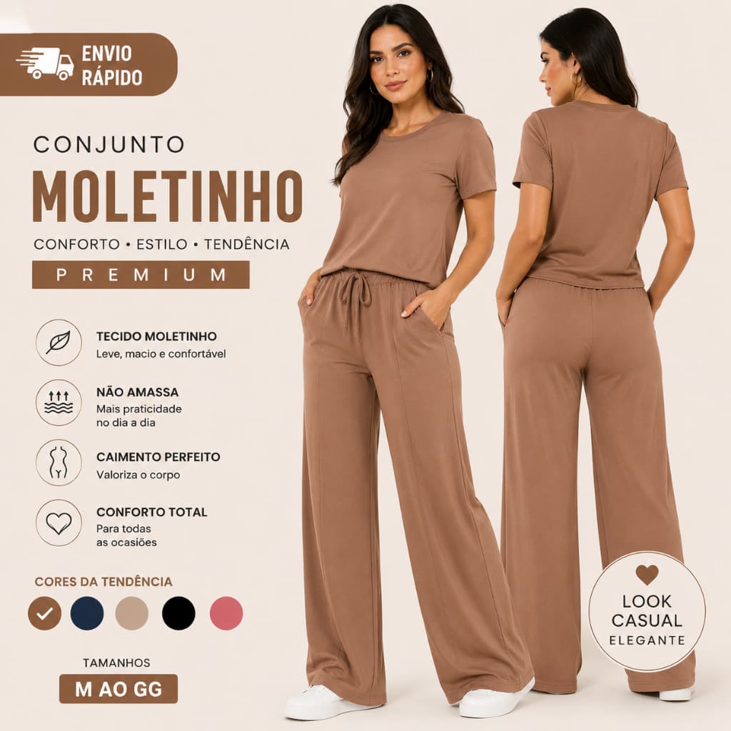 Conjunto Feminino Calça Pantalona e Blusa Manga Curta Look Casual Confortável PRONTA ENTREGA