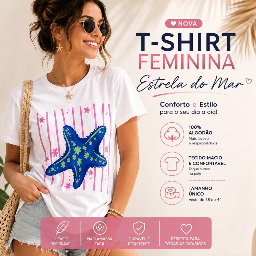 T-Shirt Feminina 100% Algodão Estrela do Mar Casual Confortável Elegante Estilosa Tamanho Único