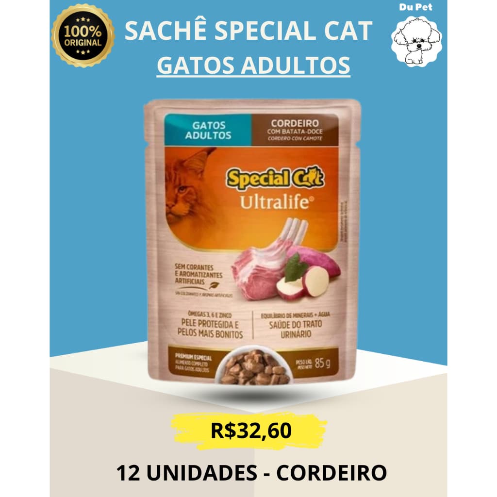 KIT ( CAIXA ) 12 UNIDADES SACHÊS SPECIAL CAT CORDEIRO - GATOS ADULTOS - RAÇÃO ÚMIDA