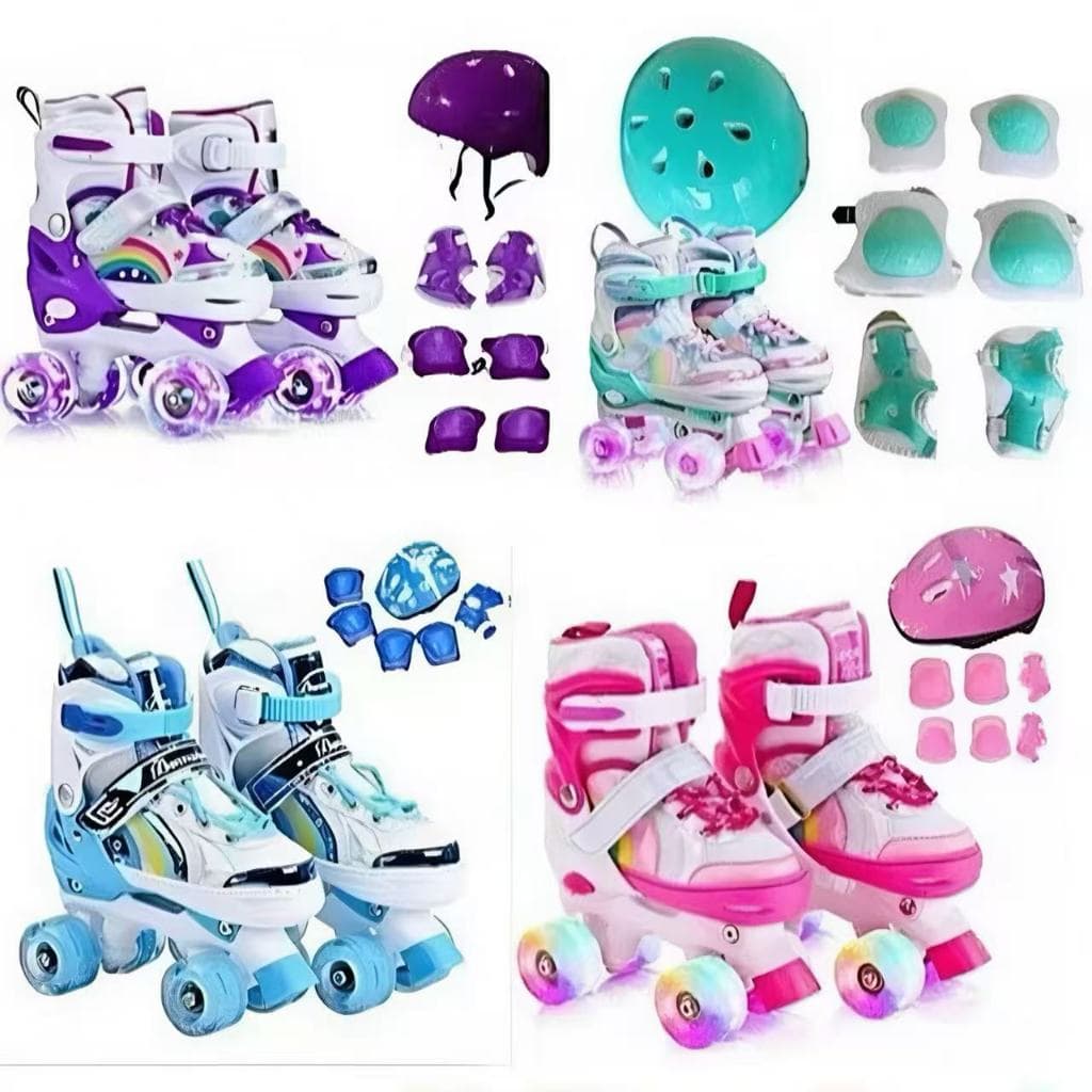 Patins Infantil 4 Rodas Arco ÍRIS Com Luz De LED Ajustável+Kit Proteção e Sem Kit Proteção