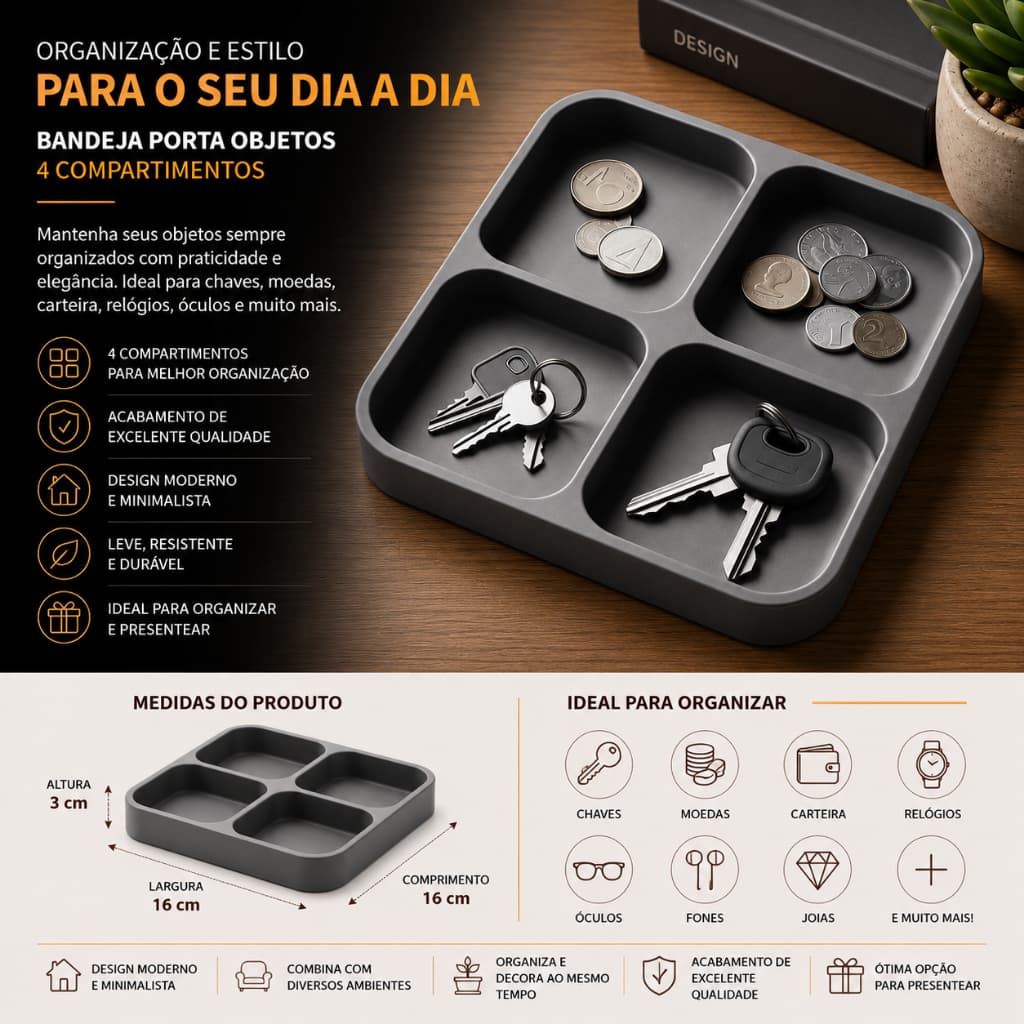 Bandeja Porta Objetos 4 Compartimentos Organizador de Mesa Chaves Moedas Carteira Escritório