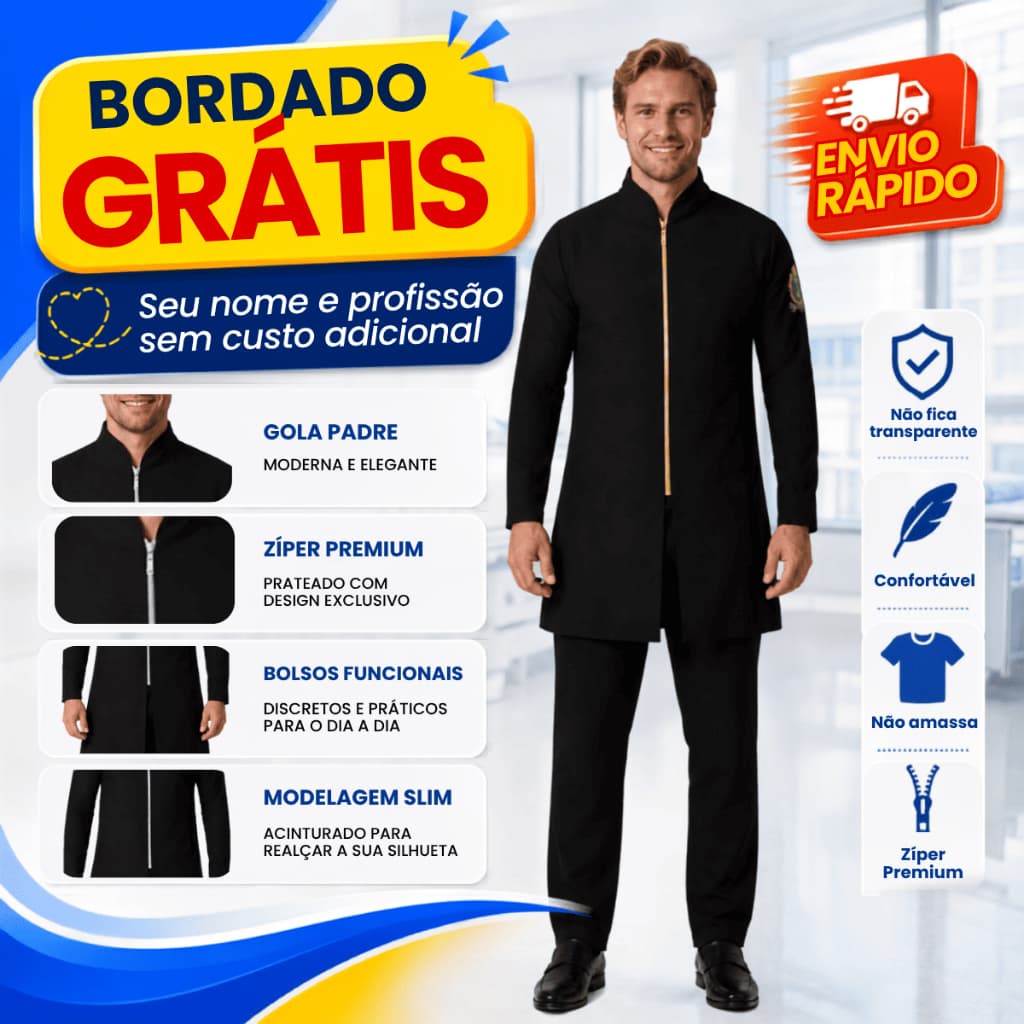 Jaleco masculino  em GABARDINE, PERSONALIZADO em PATCH com zíper, Gola Padre slim
