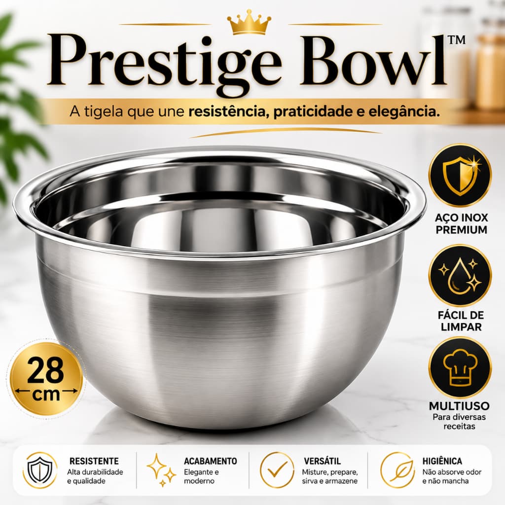 Tigela Inox 28cm Bowl Multiuso Aço Inox Premium para Cozinha Preparo Saladas Massas