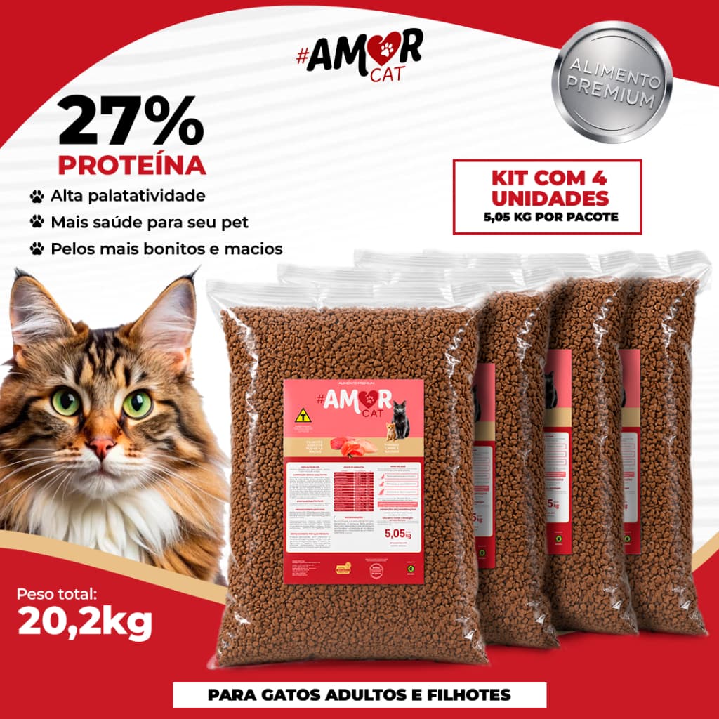 Kit Ração Gato 20kg 15kg 10kg 5kg Amor Cat Filhotes e Adultos  Carne Frango Salmão 27% Proteína