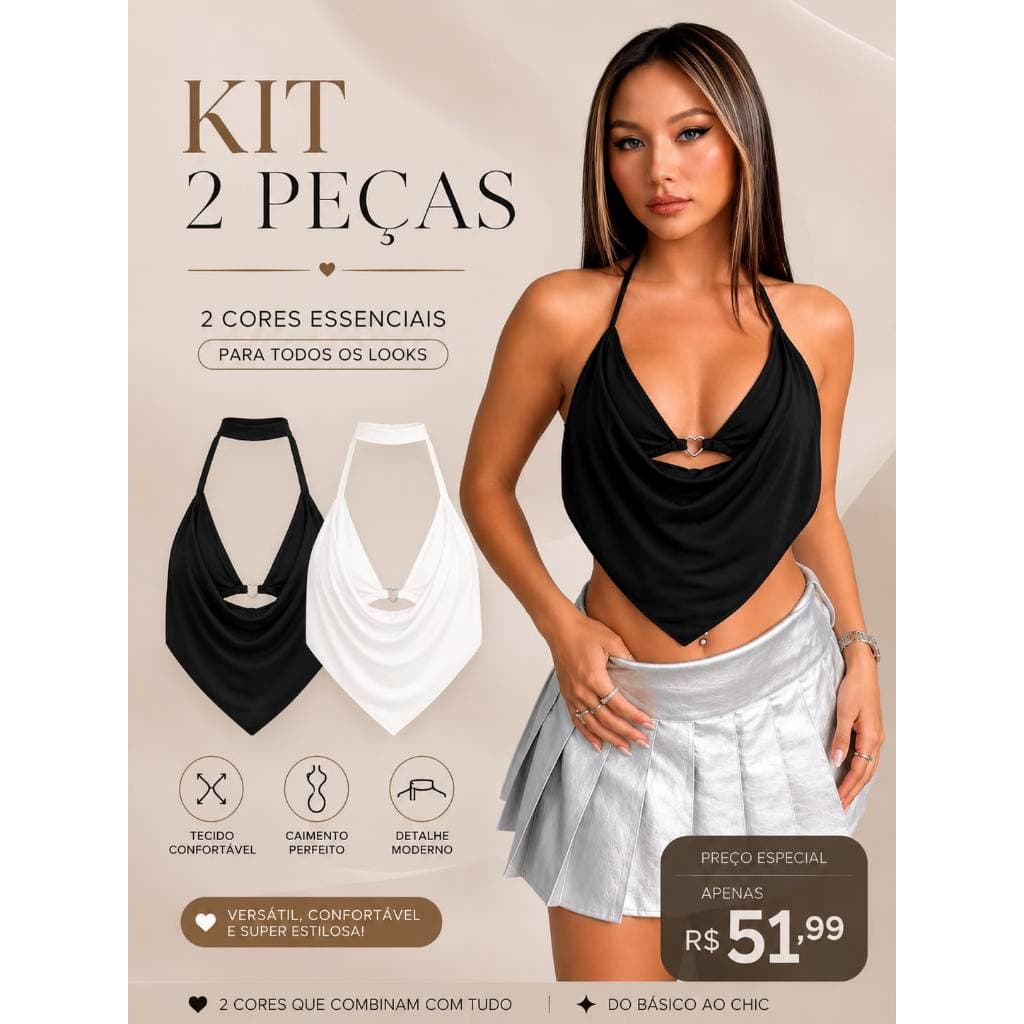 Kit 2 Blusas Femininas Frente Única com Argola de Coração – Moda Tendência
