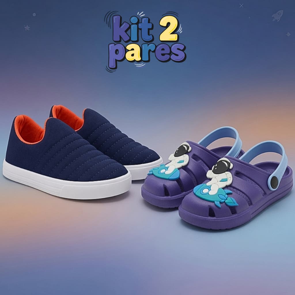 Kit 2 Pares Tênis Calce Fácil Infantil e Babuche Menino
