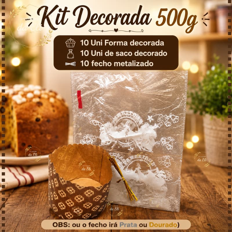 KIT FORMA + SACO  + FECHO PARA PANETONE 500GR 10 UNIDADES  (DECORADA)