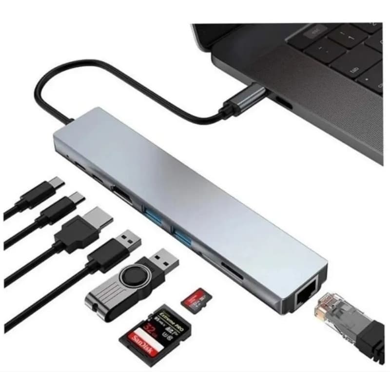 Hub USB-C 8 em 1 USB 2.0/3.0 HDMI 4K RJ45 Rede SD TF Docking Station Extensão Alta Velocidade