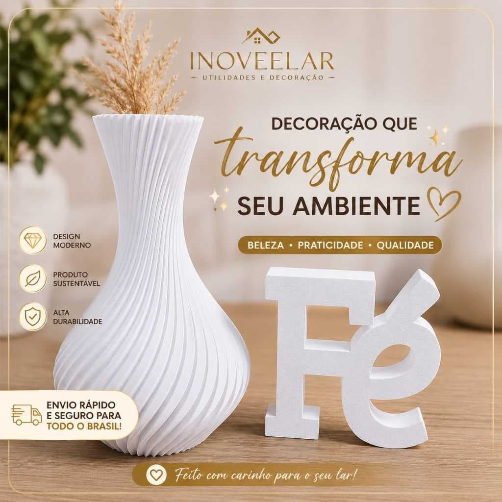 Kit Decoração Fé | Vaso Decorativo Moderno + Palavra Fé Decorativa | Enfeite para Sala, Quarto, Lavabo e Escritório