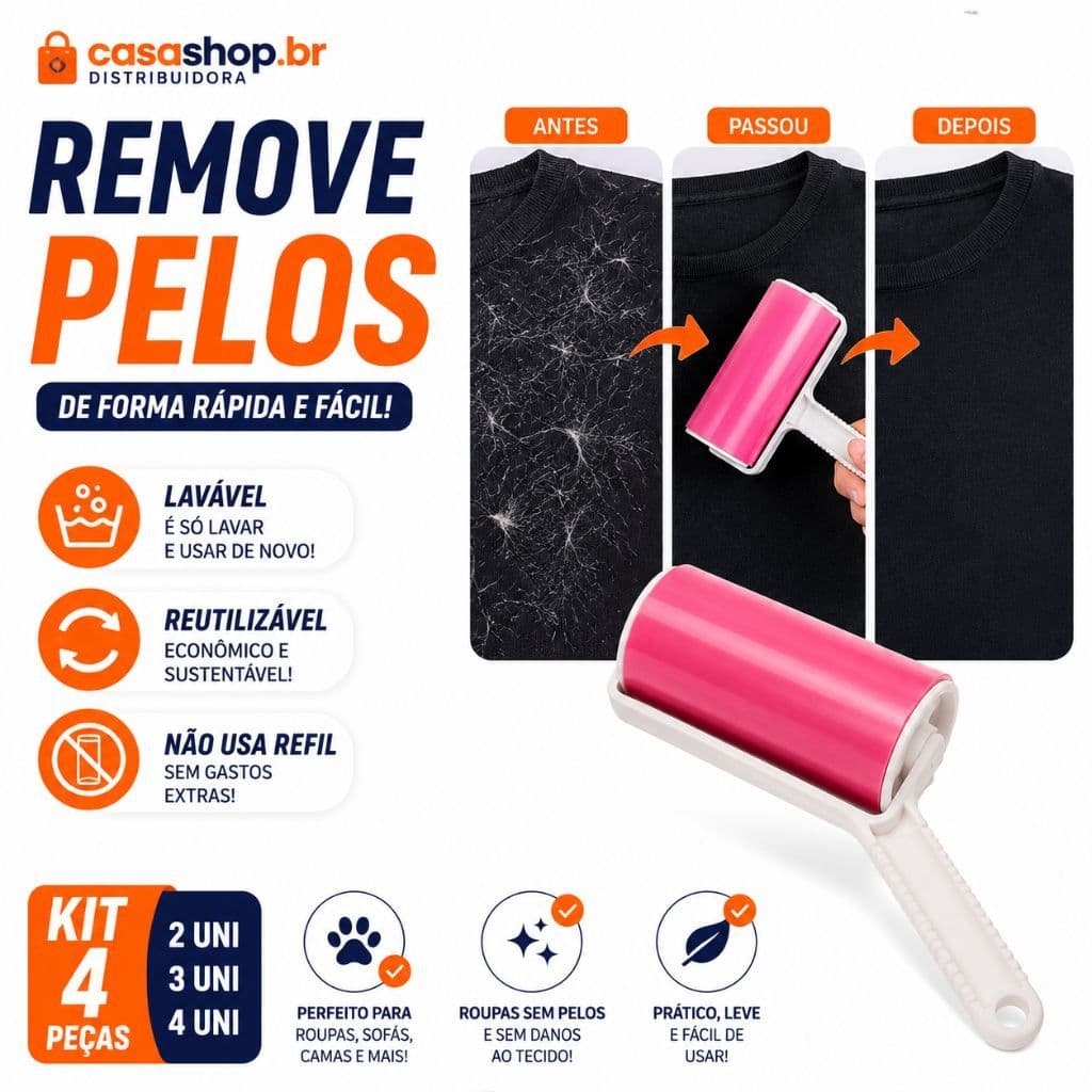 Kit Rolo Tira Pelos Lavável Reutilizável Removedor de Pelos para Roupas Sofá e Pet