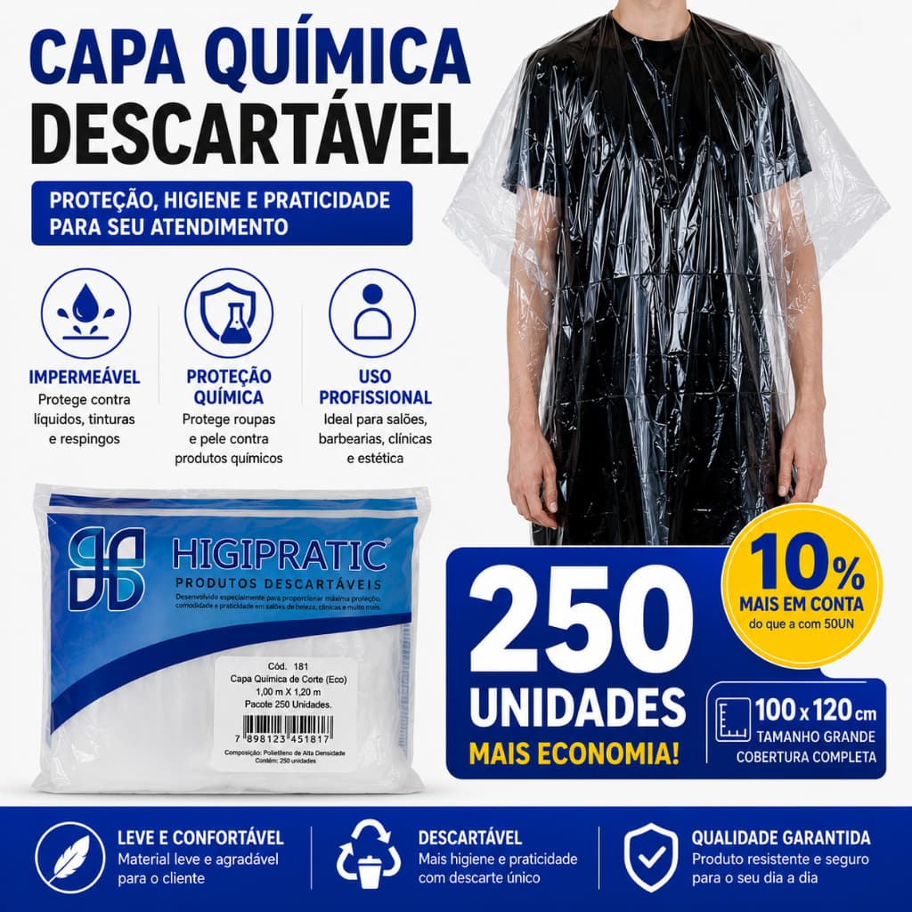 Capa Descartável Grande para Salão 250UN – Cabeleireiro, Corte, Tintura, Coloração, Química e Proteção de Roupas