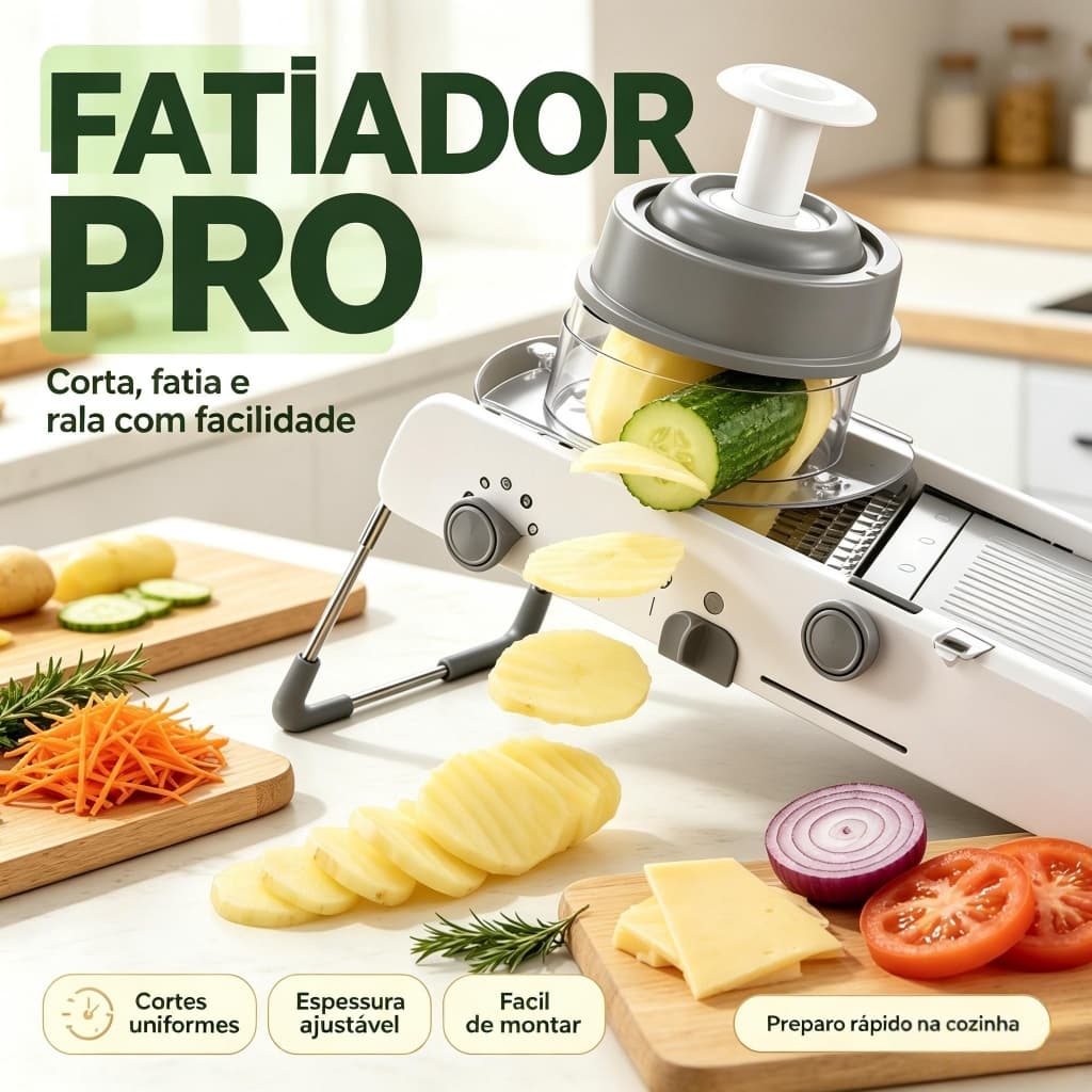 Cortador e Fatiador de Legumes Ajustável – Lâmina em Aço Inox, com Protetor de Mãos, 3 Espessuras S2