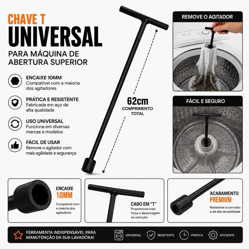 Chave T Longa 10mm - 62cm para Agitador de Máquina de Lavar