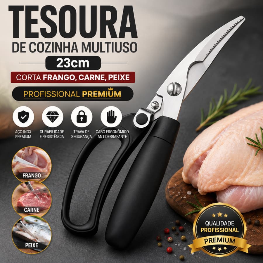 Tesoura De Cozinha Multiuso 23cm Corta Frango Carne Peixe Profissional Premium