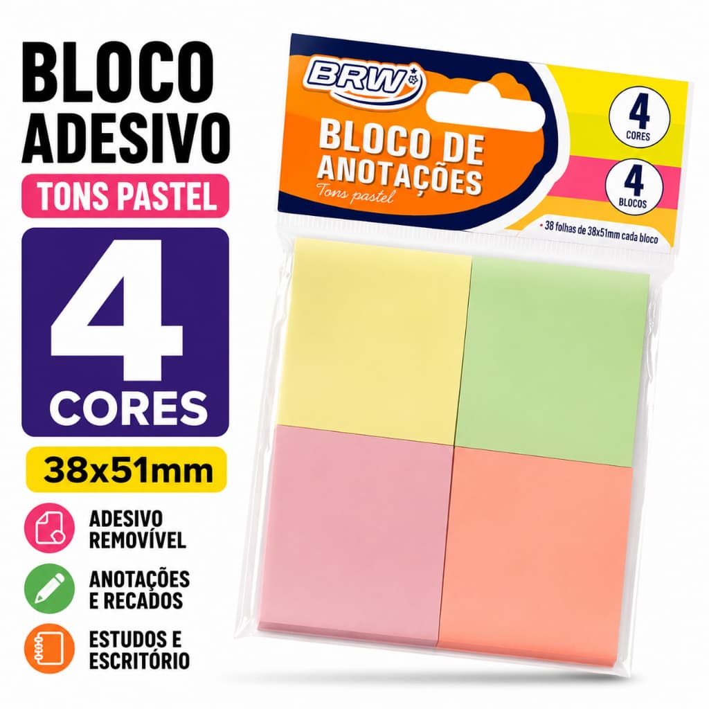 Bloco Auto Adesivo BRW Tons Pastel 38x51mm 4 Cores Smart Notes Pequeno Post-it Para Anotações Recados Estudos Escritório
