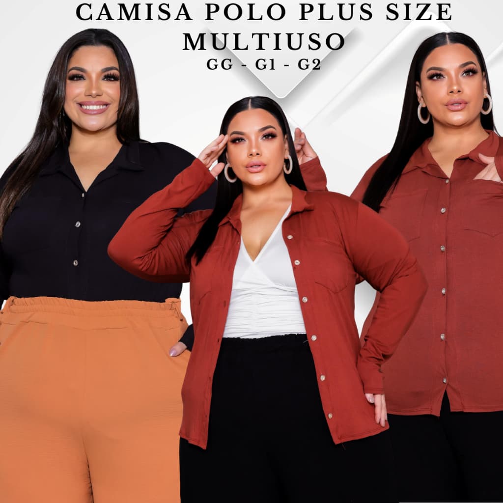 CAMISA GOLA POLO PLUS SIZE FEMENINO MANGA LONGA BOLSO VISCO LYCRA PREMIUM CASUAL TRABALHO ELEGANTE