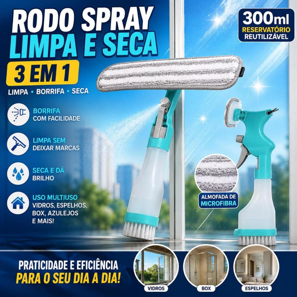 Rodo Spray Limpa e Seca Vidros Rodinho e Reservatório 3 em 1 300ml Multiuso Mop Limpador com Almofada de Microfibra