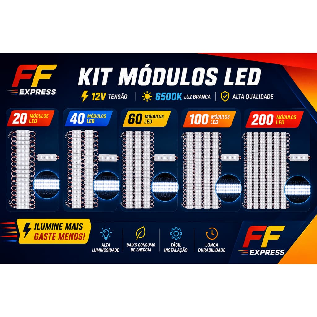 KIT 200 peças Led Modular LED Letreiro Sanca 12V 3 LEDs 1.5W – IP67 | Branco Frio