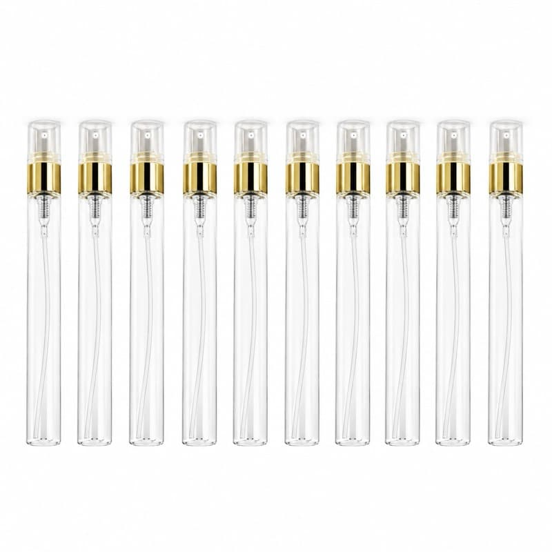 Kit 50un Frasco de Vidro Amostra de Perfume 10ml Spray Dourado Flaconete Provador