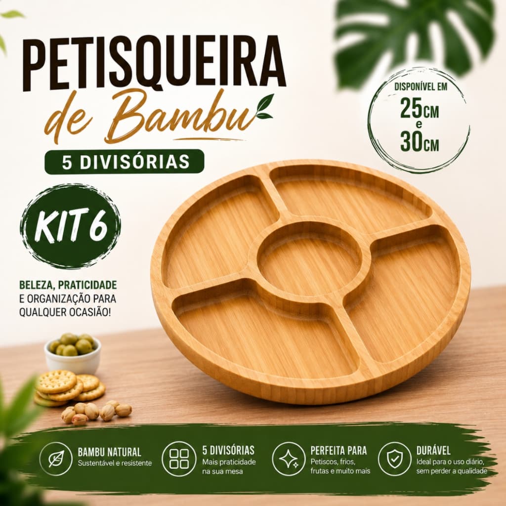 Petisqueira Bambu Redonda 5 Divisórias 25/30cm Bandeja Petiscos Queijos Frutas Castanhas