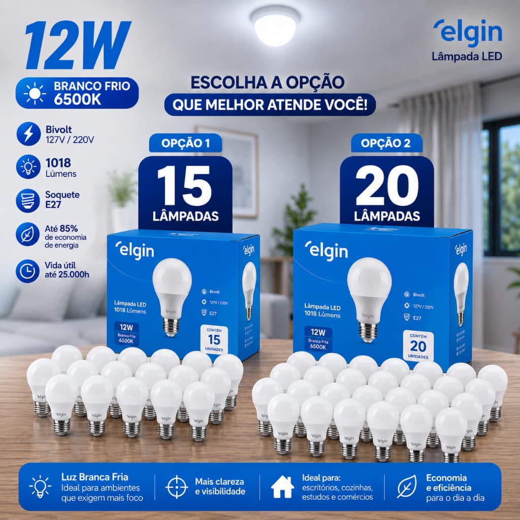 Kit Lâmpada LED Bulbo 12W Branca Fria E27 6500K 1018lm Bivolt Elgin