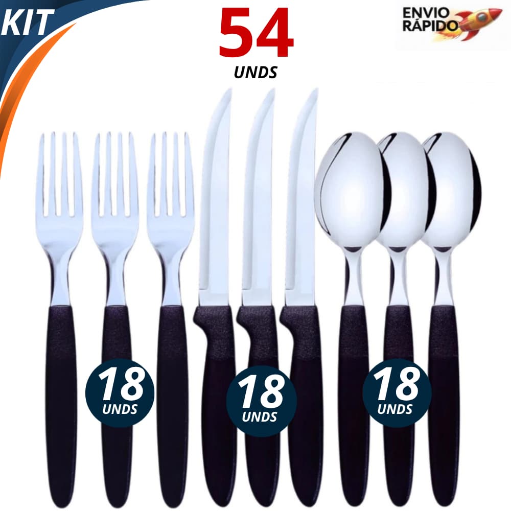 Conjunto de Talher 18/36/54 peças Preto Inox Colher de Mesa Garfo e Faca