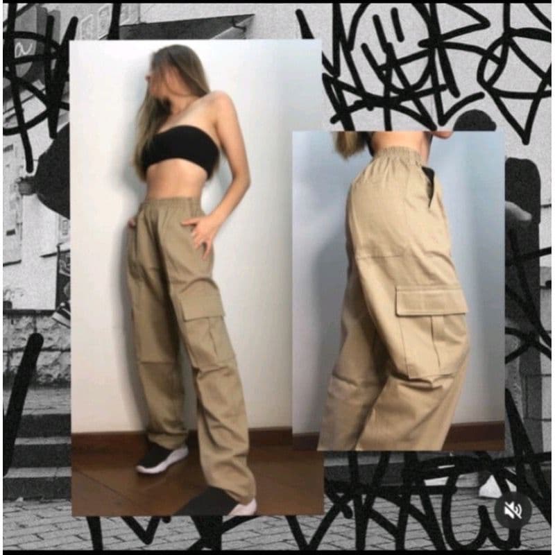 Calça Cargo Larga Feminina Skate Caqui 6 Bolsos Fechamento Cordão