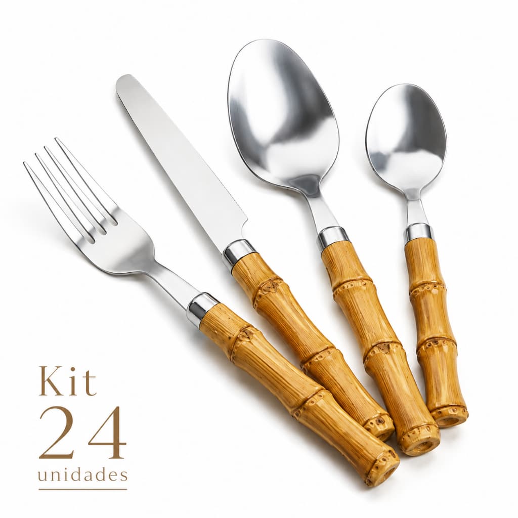 Jogo de Talheres Kit 24  Peças Aço Inox  Conjunto com Garfos Colheres Faqueiro Colher de Sobremesa Cabo  Bambu