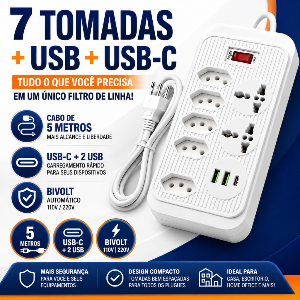 Filtro de Linha 7 Tomadas 5 Metros com 2 USB e USB-C Bivolt Proteção Contra Surtos KA-7022