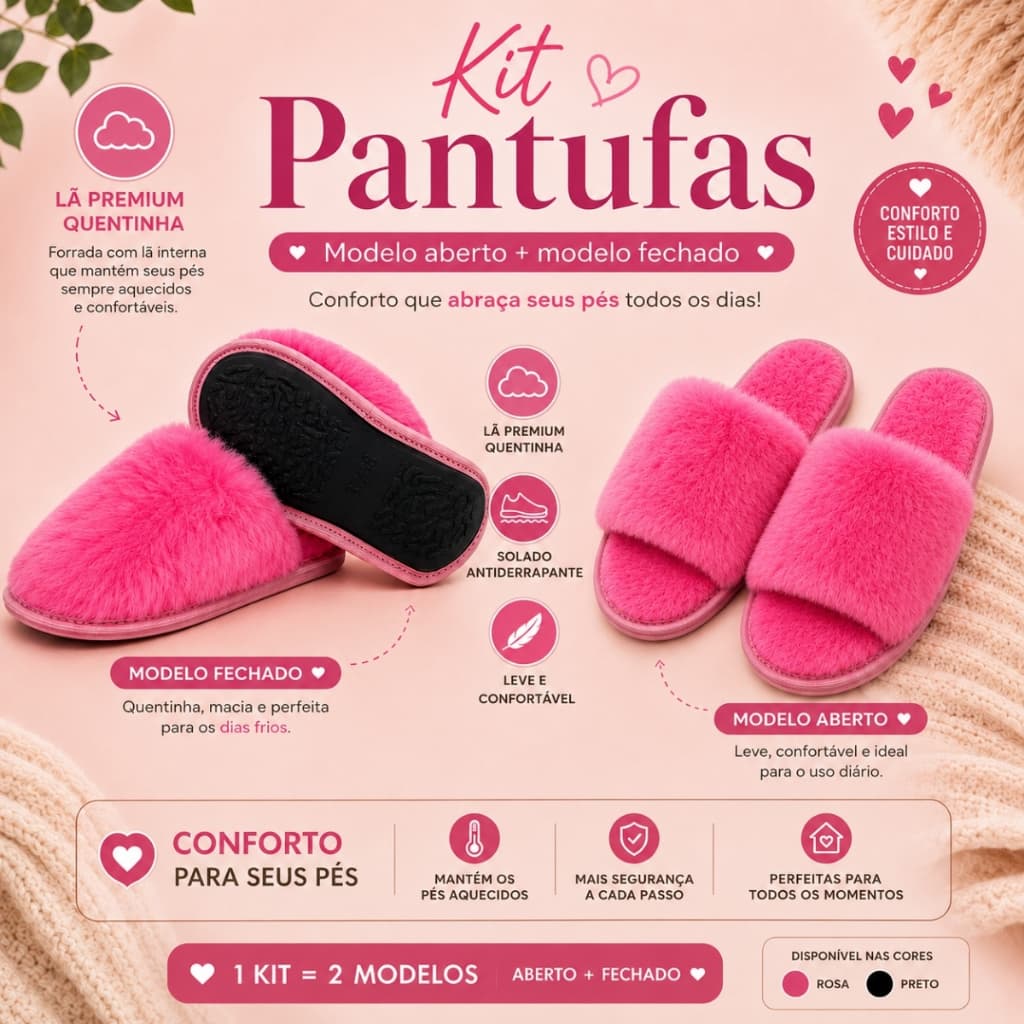Kit 2 Pares Pantufa Feminina Peluciada Aberta e Fechada com Solado Antiderrapante