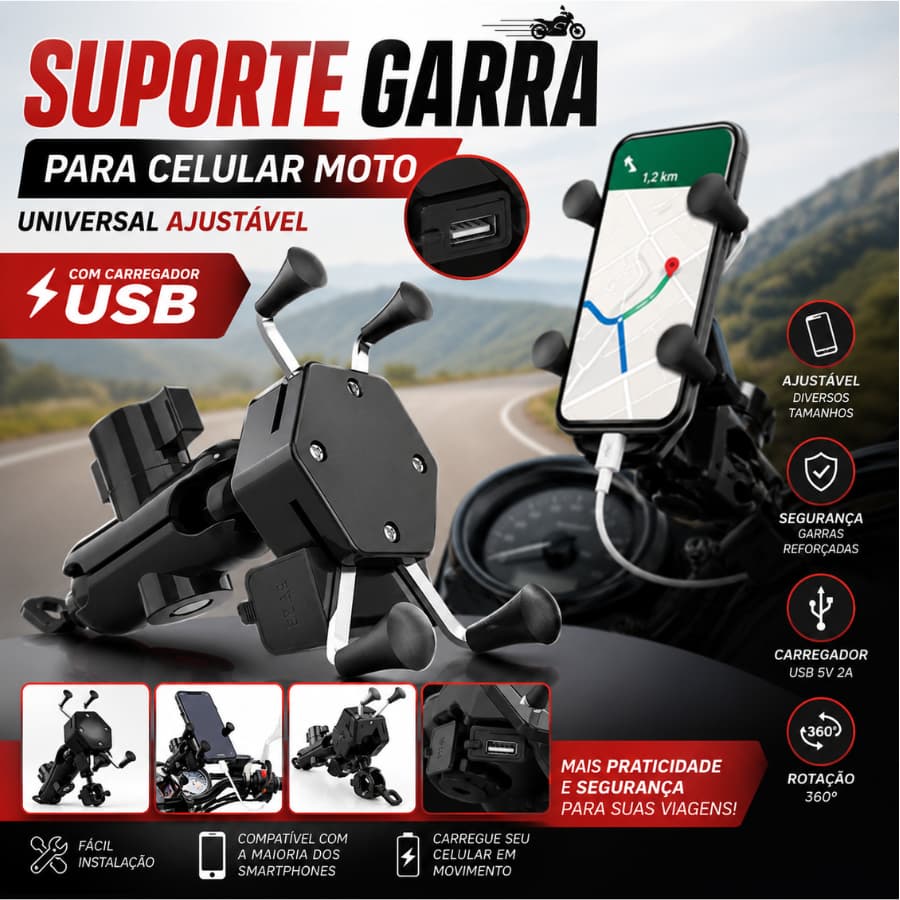 Suporte Garra Para Celular Moto Universal Ajustável Com Carregador Usb