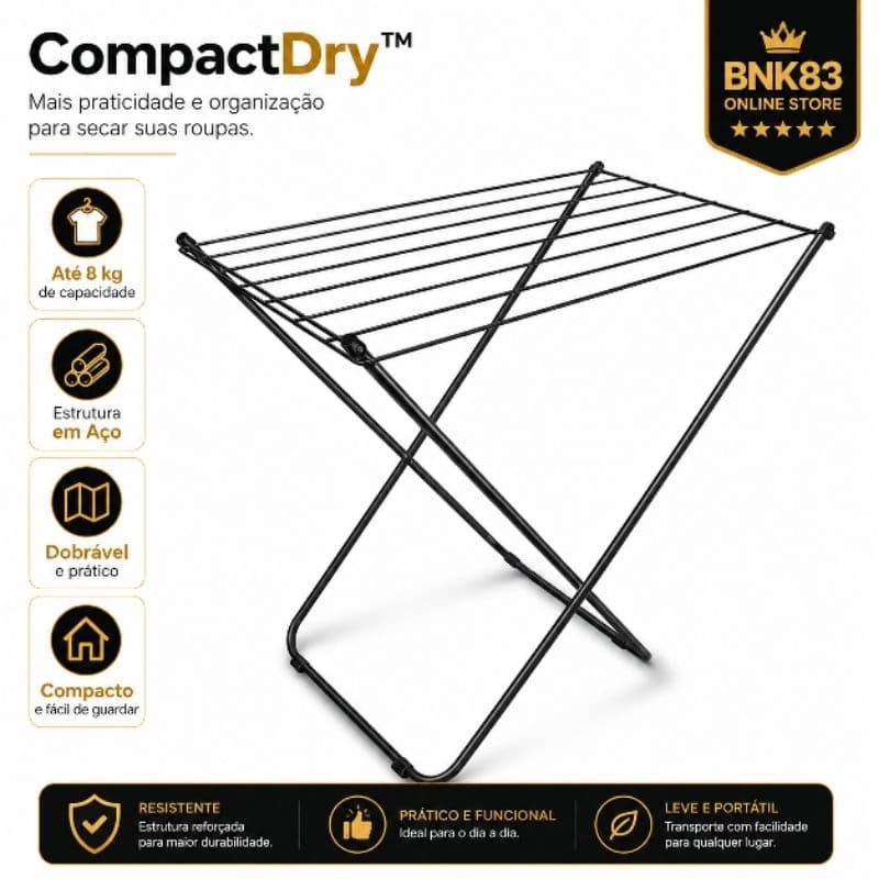 Varal de Chão CompactDry™ Dobrável Portátil Preto Aço Resistente Compacto Até 8kg