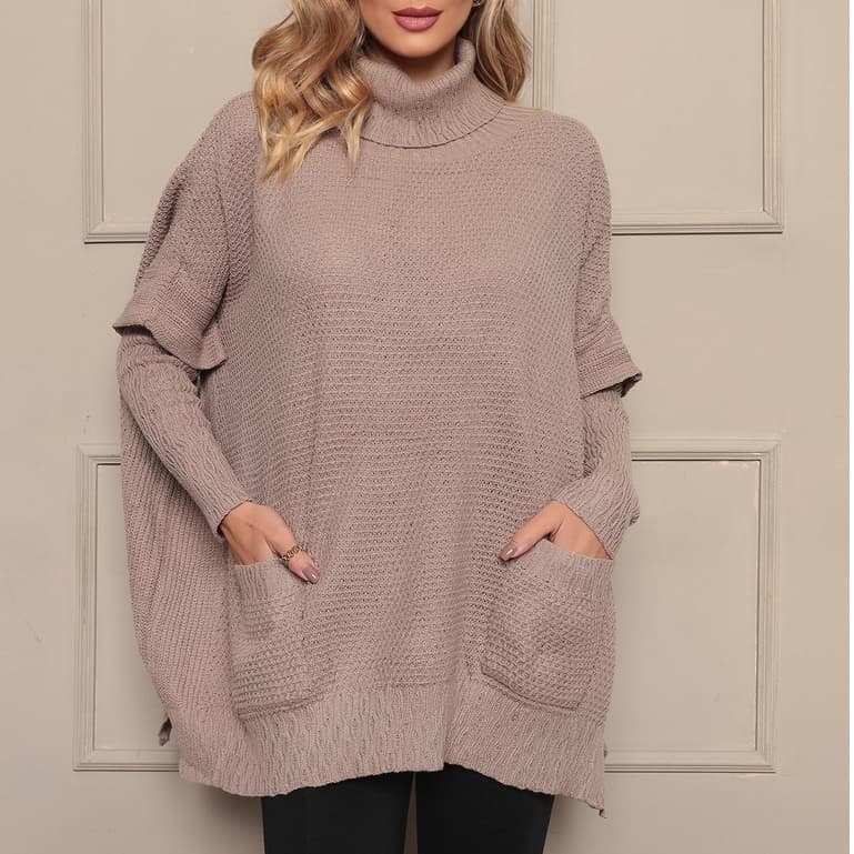DUOUNO MODAS - SUETER PONCHO TRICOT TRICO MANGA LONGA DE GOLA ALTA E BOLSOS - BLUSAS DE FRIO