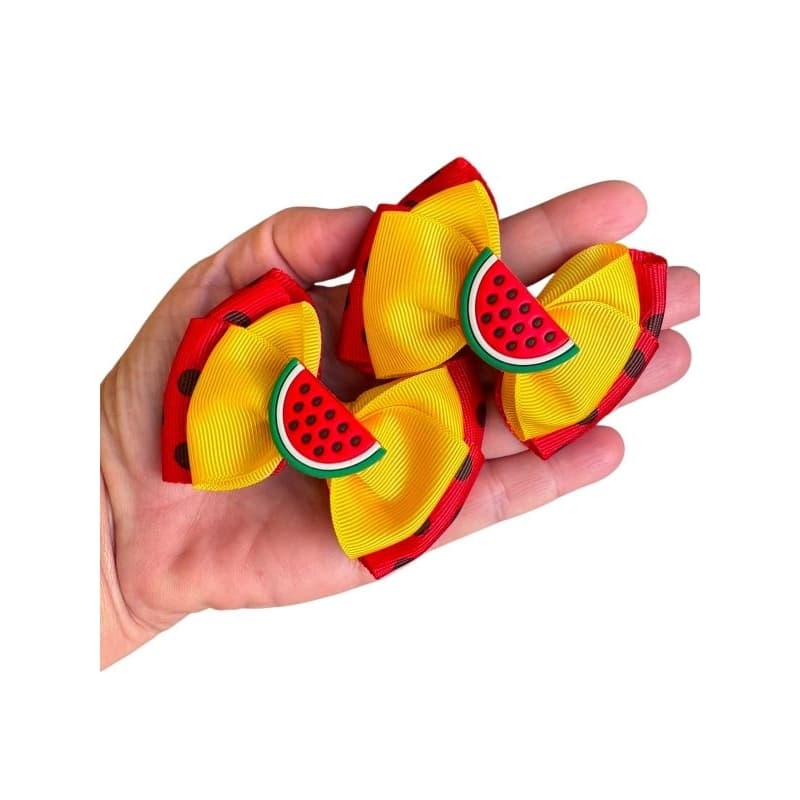 Par de Laços Boutique Infantil Melancia Amarelo e Vermelho Par de Laços Temático Melancia Presilha Melancia