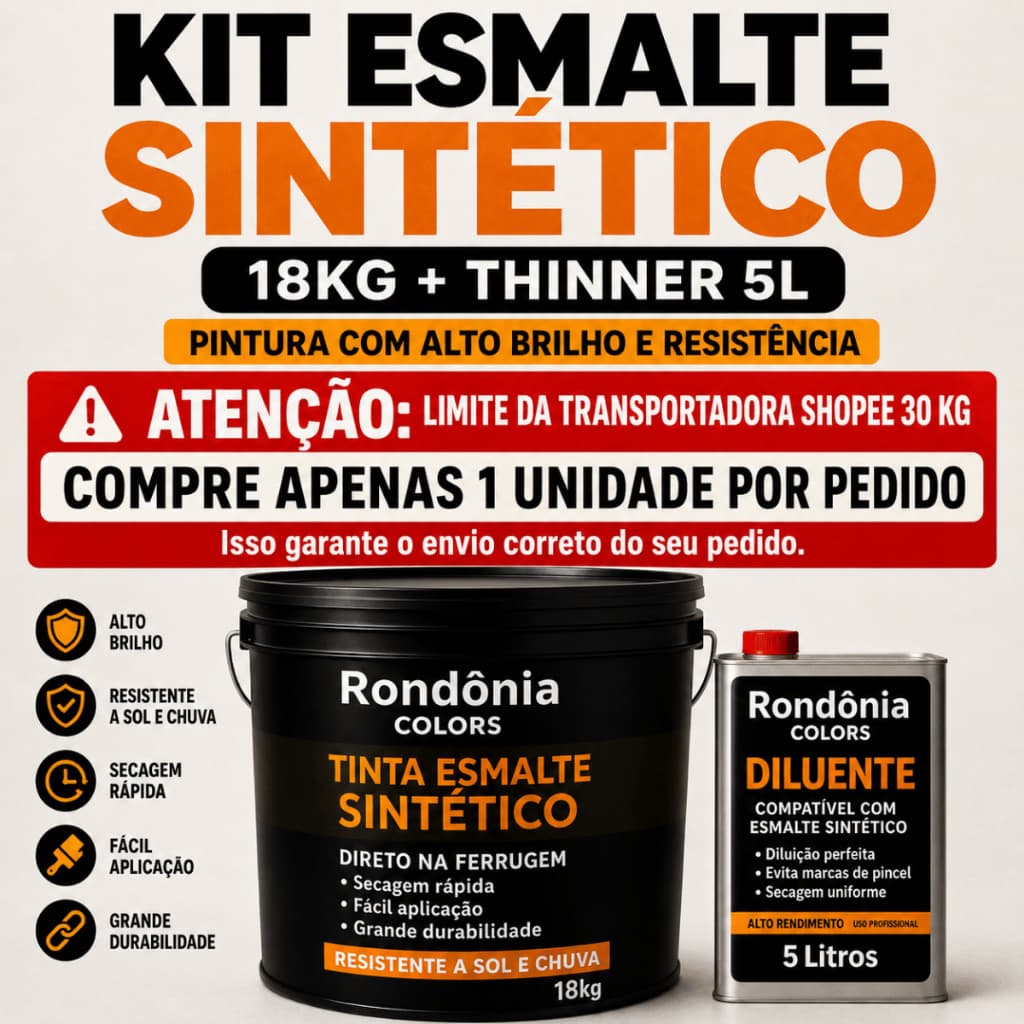 Esmalte Sintético 18kg + Thinner 5L Para Portões Grades Madeira Metal Alto Brilho Base Solvente