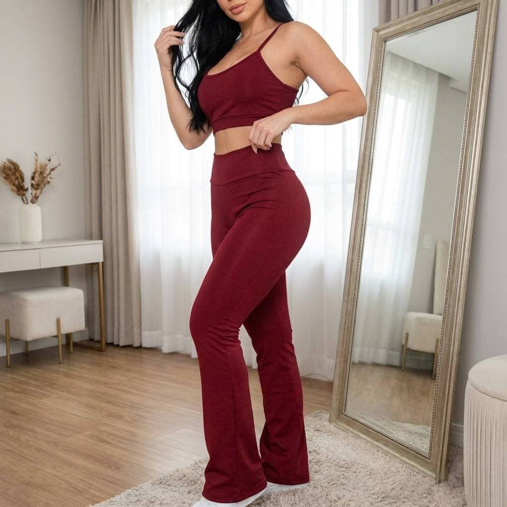 Conjunto Fitness Yoga Feminino Bordô Calça Legging Flare E Top Cropped Academia Zero Transparência