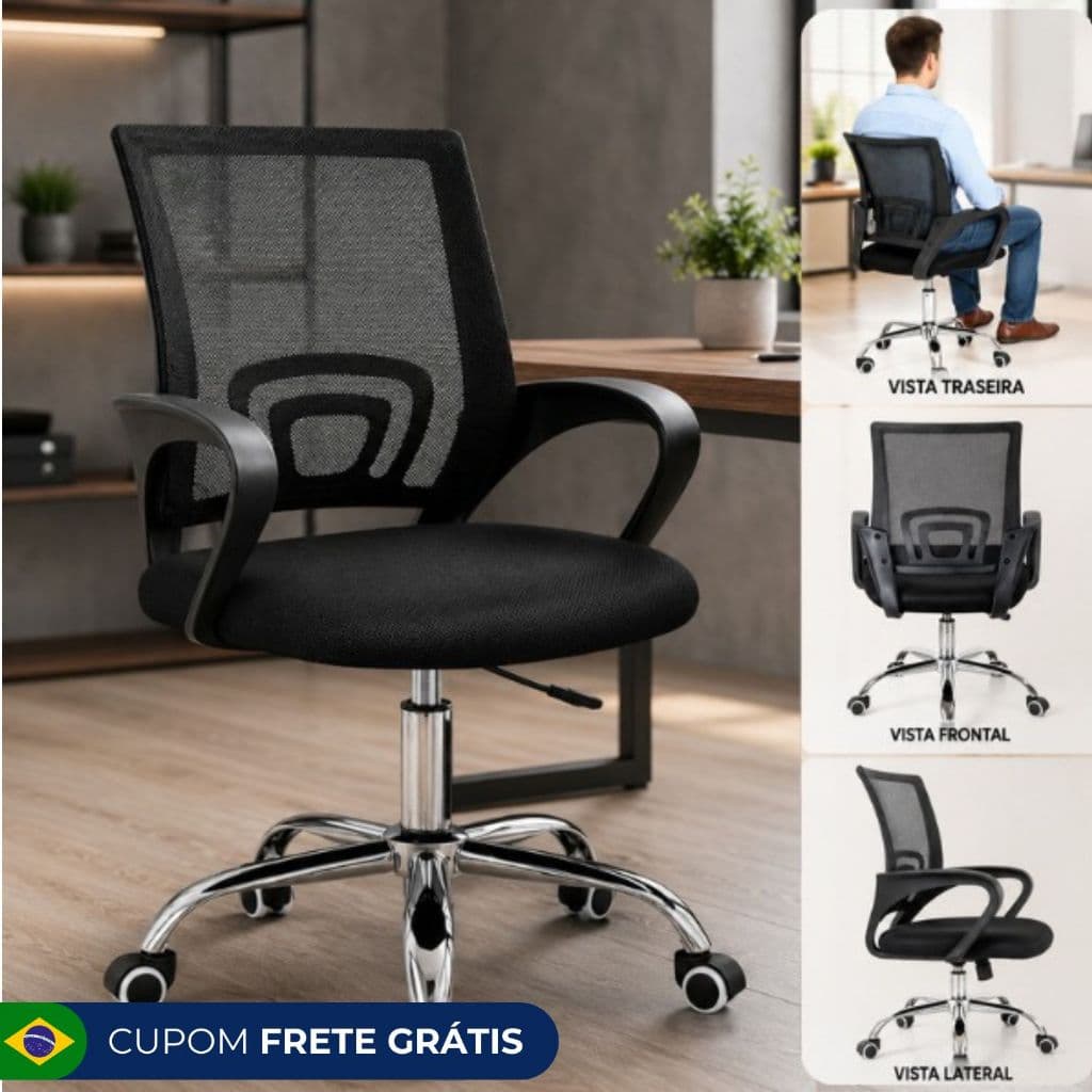 Cadeira de Escritório Giratória Ergonômica Preta, Regulável, Rodinhas Silenciosas