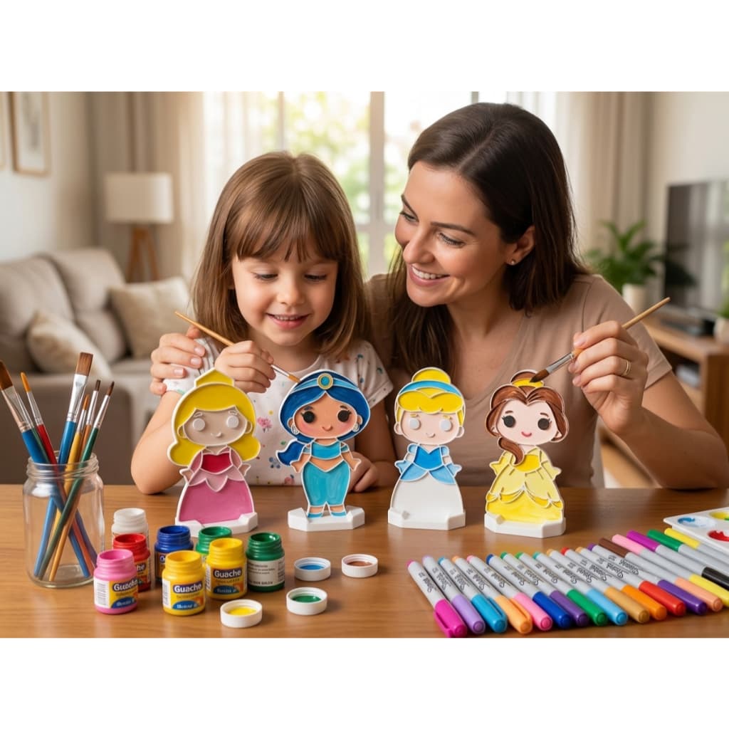 Kit 4 Peças para Pintura Infantil Princesas Reutilizáveis | Atividade Educativa para Colorir com Tinta Guache, Canetinha