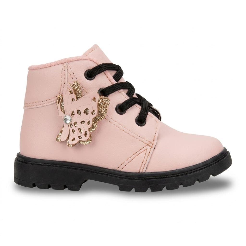 Bota Coturno Infantil Feminino com Borboleta Glitter, Solado Tratorado, Confortável e Antiderrapante